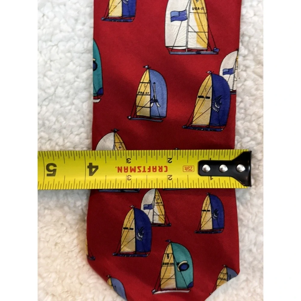 Lands' End Sailboat Silk Tie Mens Red Blue Yellow Nautical Made in USA Excellent
